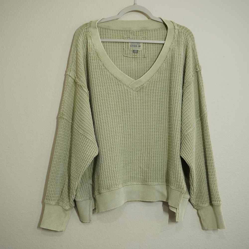 American Eagle Waffle Knit Top Women's Green Excellent V-Neck Oversized Thermal